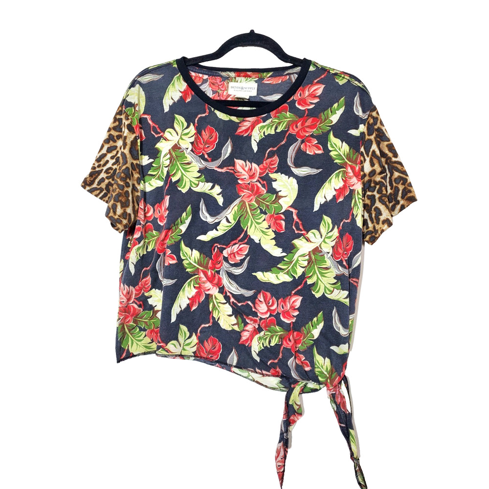 VTG Denim & Supply Womens Medium Top Tropical Floral Print T-shirt Knotted Front
